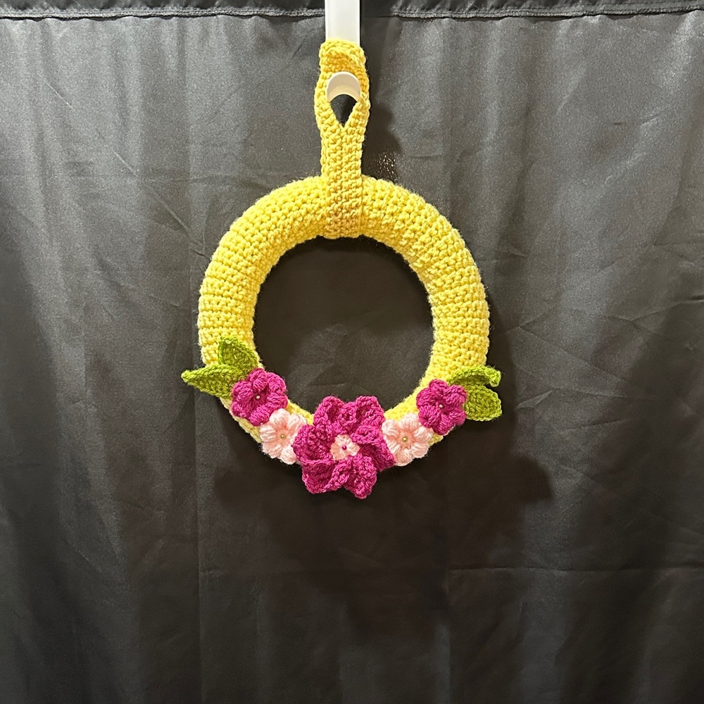 Hand Crafted Yellow Crochet Wreath with Pink Floral Accents